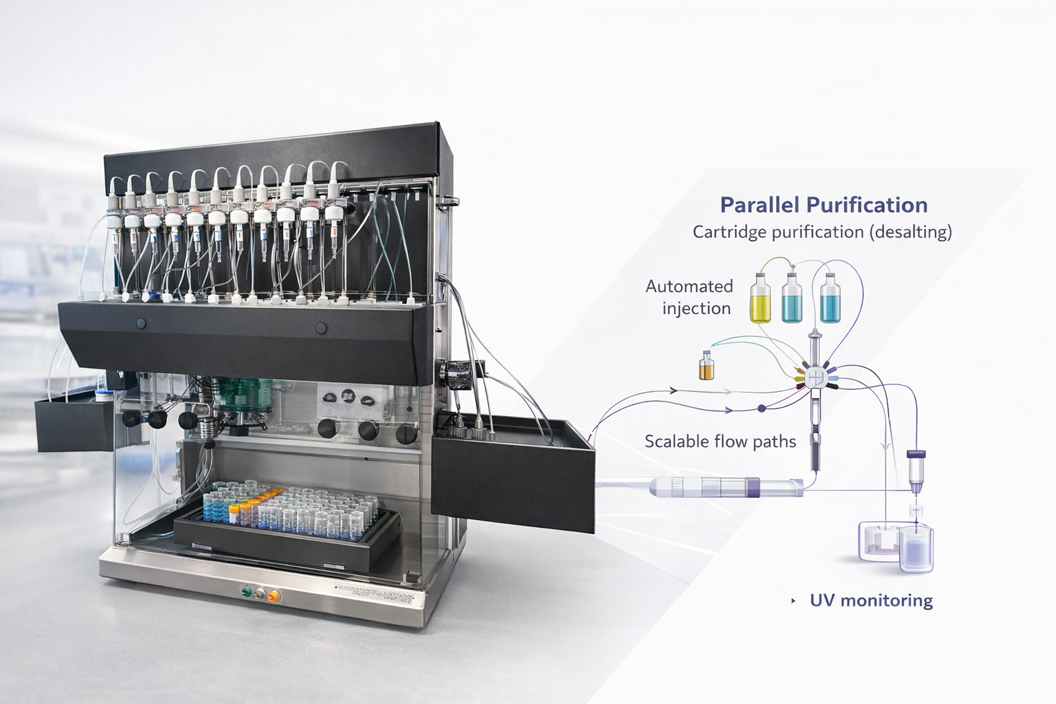 Laboratory chromatography system showing parallel purification hardware alongside a simplified schematic of automated injection, scalable flow paths, and UV monitoring.