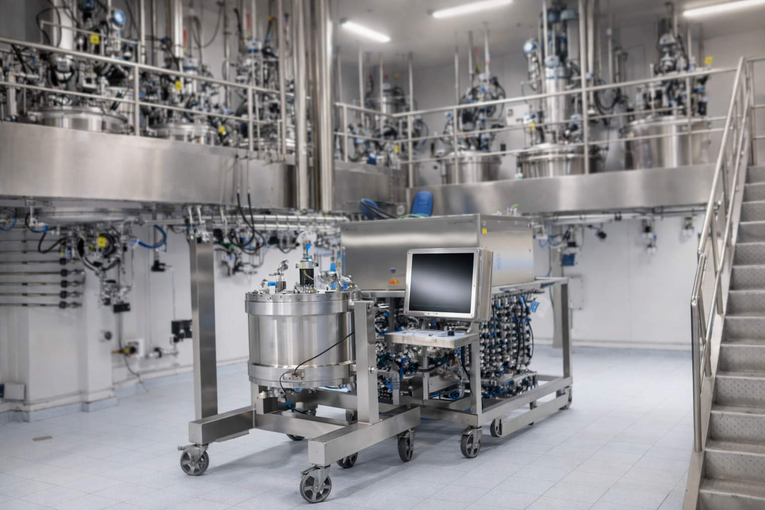 Stainless steel biopharmaceutical manufacturing equipment in a GMP production facility.